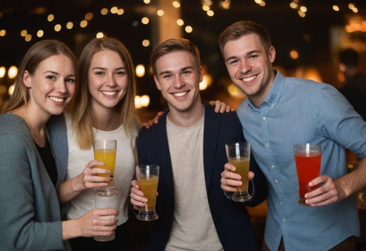 A vibrant, energetic photo of a group of friends enjoying a night out, capturing the essence of social gatherings without the worry of hangovers.